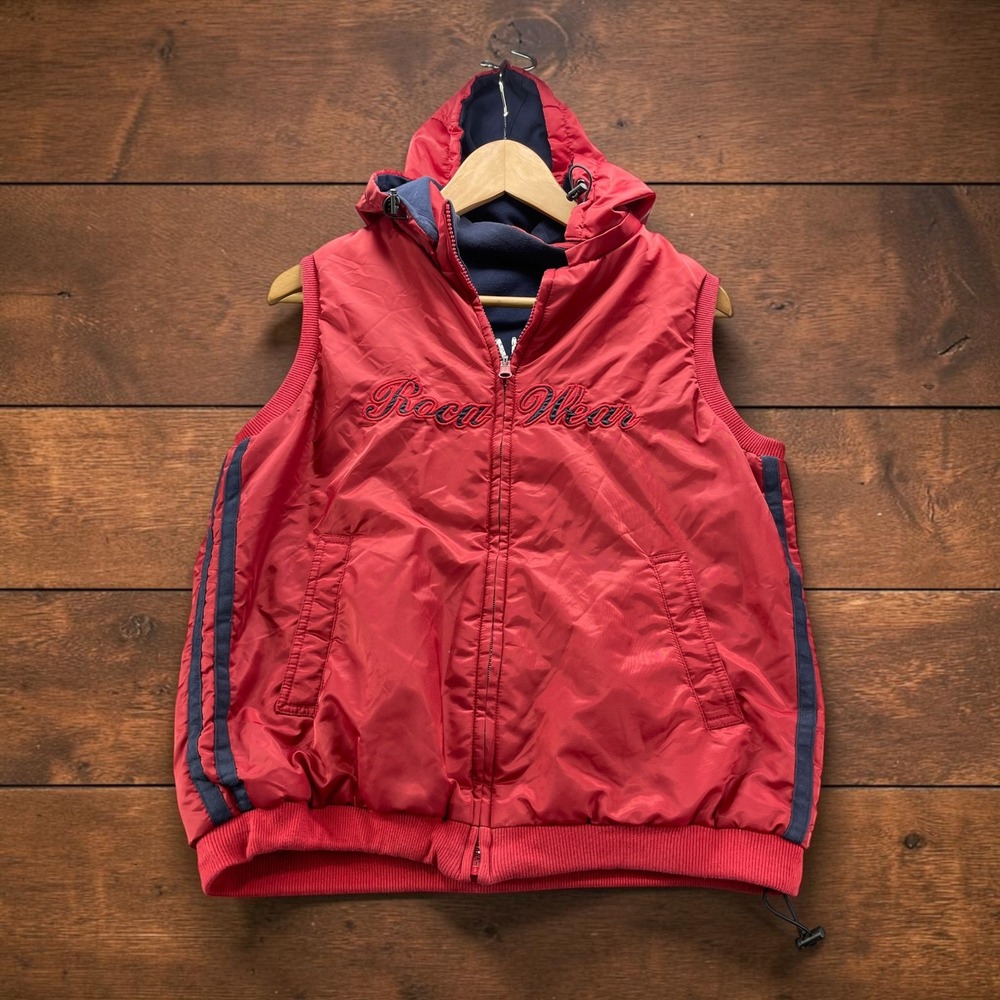 Vintage Y2K Rocawear Air Force Reversible Hooded Vest Red Nylon Fleece Hip Hop S